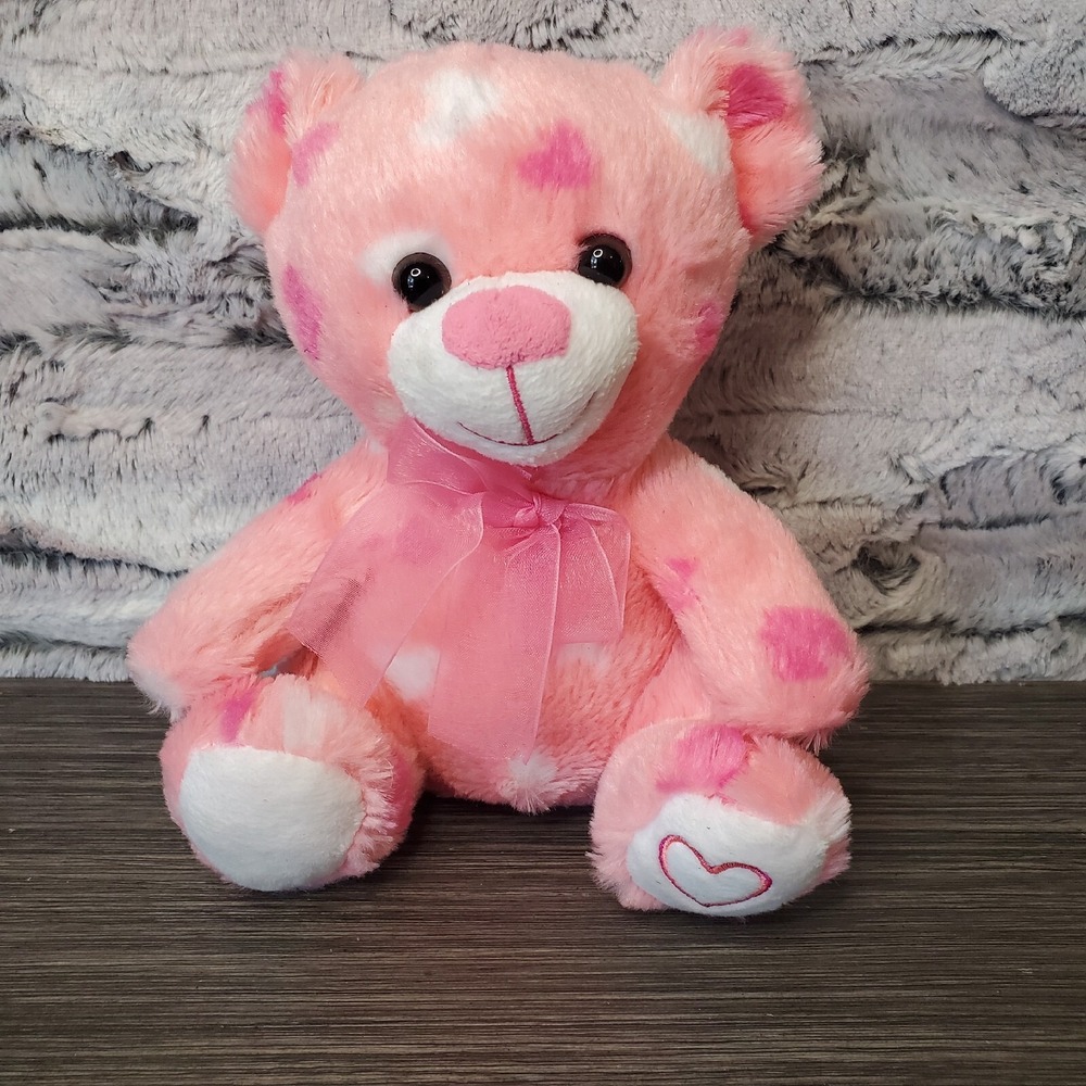 MTY International Pink Stuffed Teddy Bear Plush Animal Heart Fur Pattern